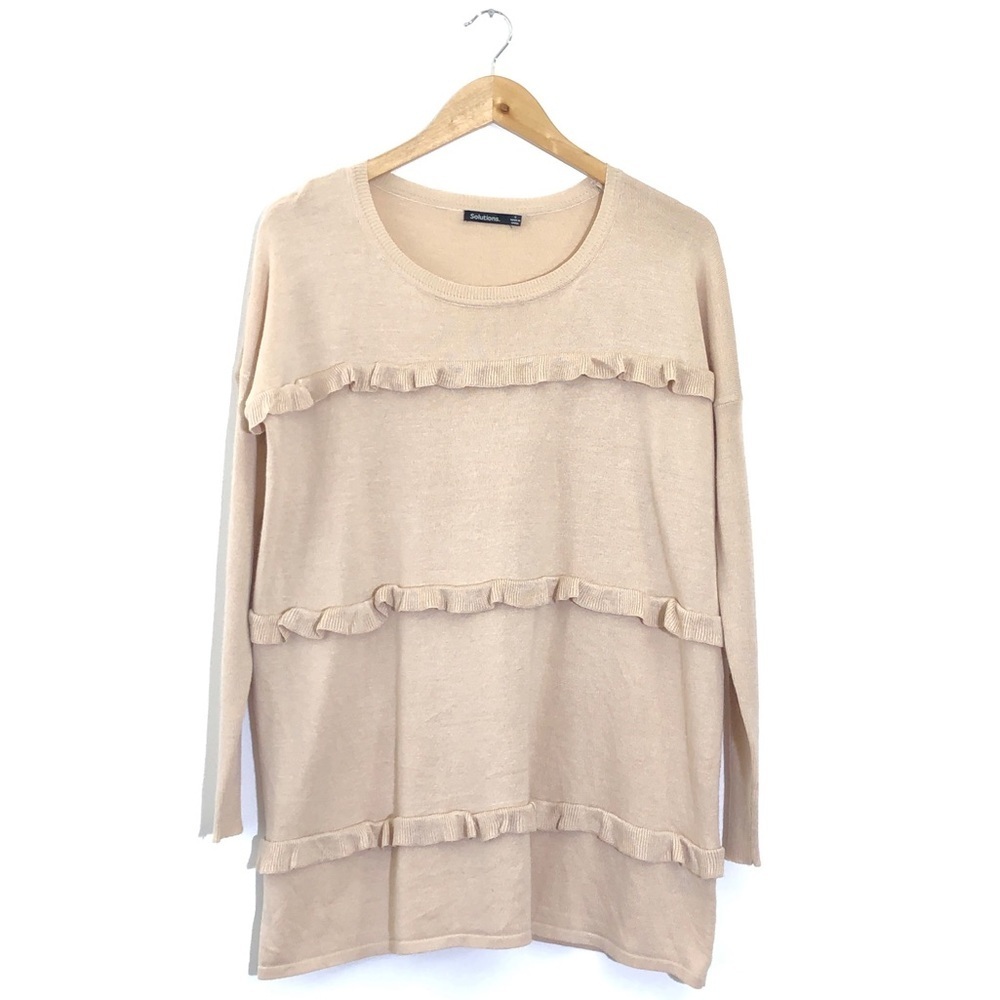 Solutions Women's Light Brown Ruffle Frilly Striped Sweater Top S